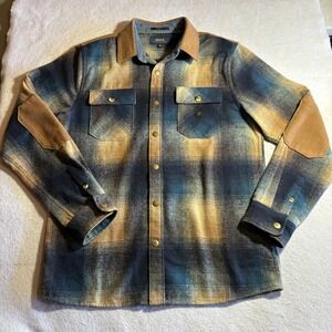 ROARK Men Nordsman Flannel Shirt Jacket Tan Blue Plaid Wool Blend Long Sleeve M